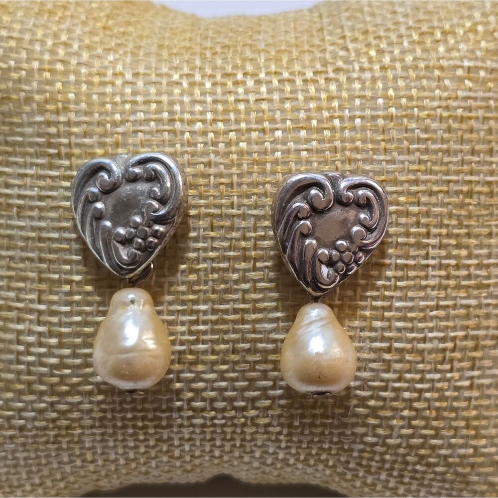 Brighton Vintage Freshwater Pearl and z silver Plated Heart Dangle Earrings
